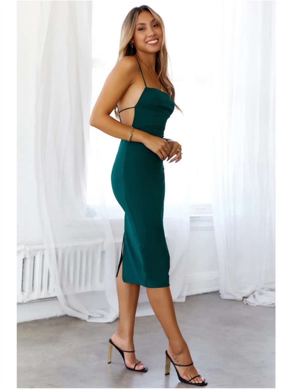 Hello Molly NEW Dark Forest Green Can't Afford Me Open Back Midi Dress Size 2 - Picture 3 of 12